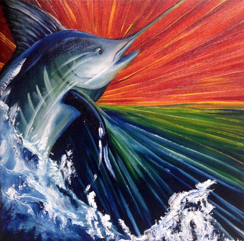 Painting of Marlin Leaping Out of Water